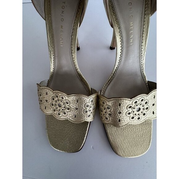 ANTONIO MELANI Wmn Strappy 3" Heel‎ Sandals 8.5M Gold Cutout Leather Glam Fairy - Picture 15 of 15